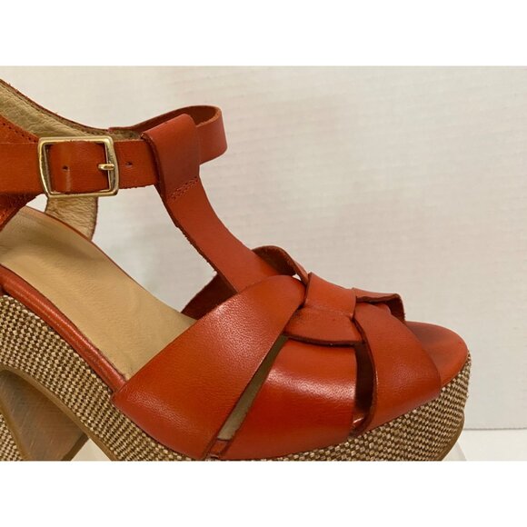 Spanish Leather Stacked Heel Women US 10.5 Sunburst Orange Sandals w/Ankle Strap - Picture 4 of 13